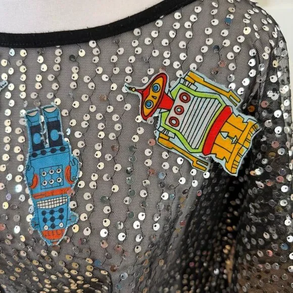 Vintage Y2K Jacked Jill Sequins Overlay Robot Sheer Mesh Cropped Top Rave Sz M - Picture 2 of 8